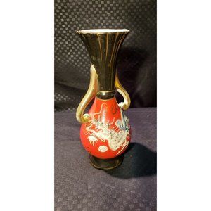 RED DRAGON VINTAGE MINI MORIAGE BUD FLOWER VASE DRAGONWARE BLACK WHITE GOLD 6"